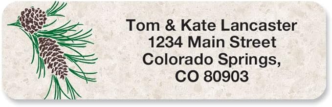 Pinecone Winter Holiday Rolled Personalized Return Address Mailing Labels with Dispenser, Set of 250, Small ¾ x 2½ Inch Size, Custom Self-Adhesive Sticker Roll, by Colorful Images