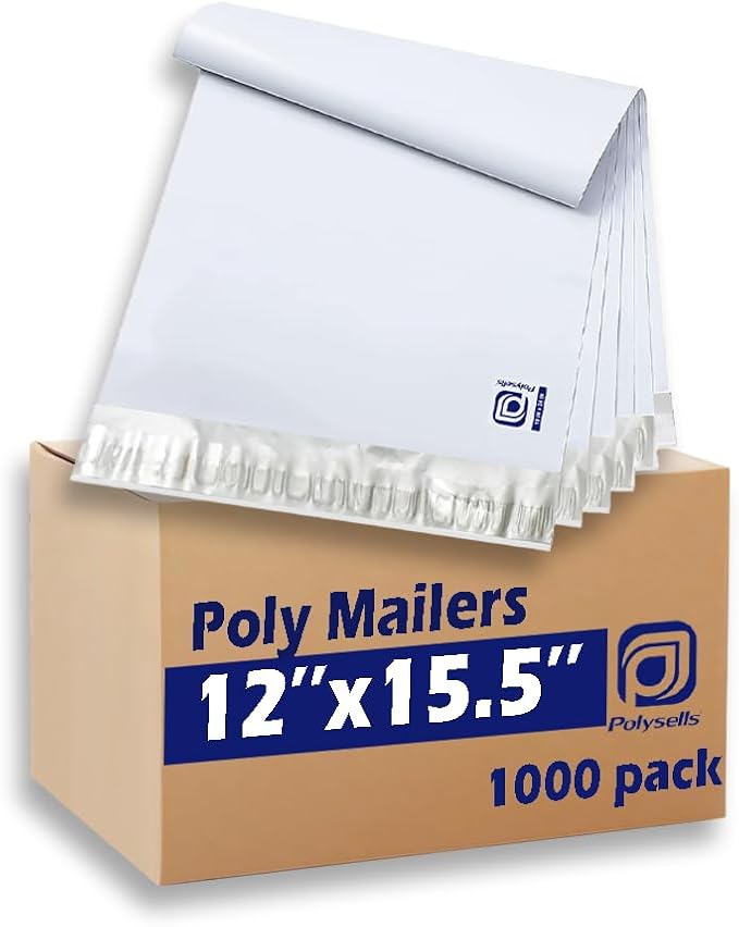 POLYSELLS 1000 pcs 12x15.5 Inches White x Silver Poly Mailers Shipping Envelopes, Strong Adhesive Sealing, Waterproof, and Tear-resistant Postal Mailing Bags for Clothing, Books, and Accessories