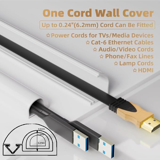 RPXRPXSide Open One Cord Cable Raceway Wire Cover for Cords, Our Cable Track is Best Suited for one Wire (Diameter <0.27"),Wire Raceway Management Cable Concealer Channel (White, 196in)