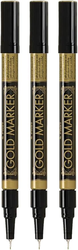 Metallic Permanent Paint Markers, Gold, Extra Fine Point (0.5mm), 3 Count, Bundle with Plastic Reusable Pouch