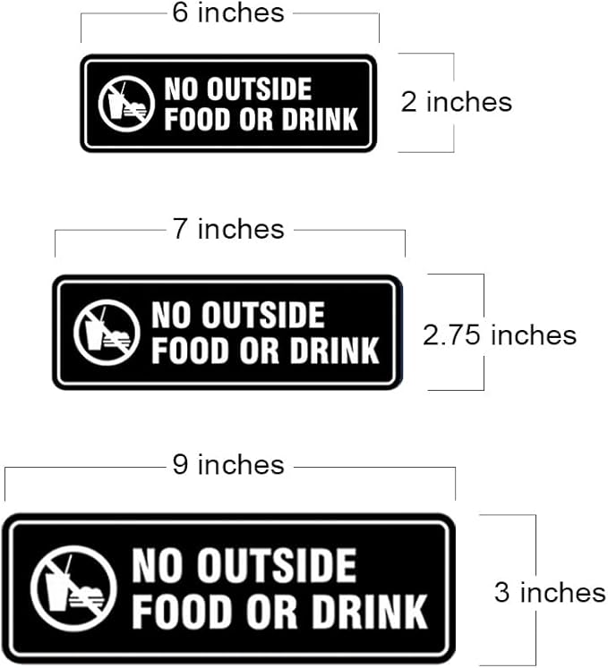Standard No Outside Food or Drink Door/Wall Sign - Black - Medium 5 Pack