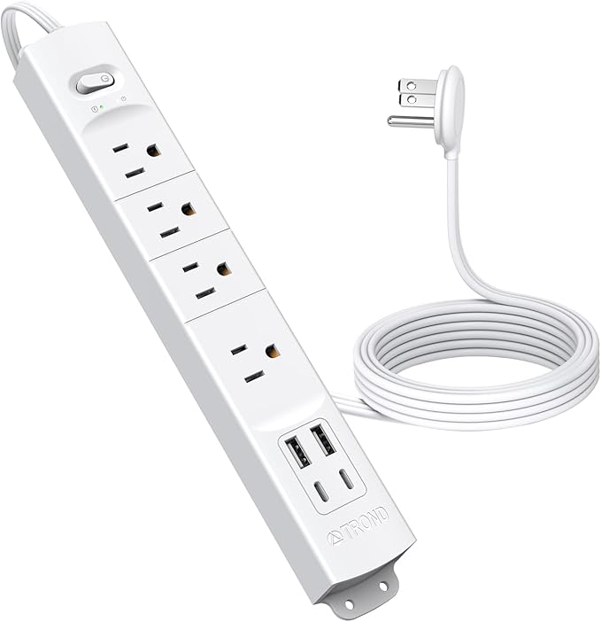 TROND Flat Plug Power Strip USB-5ft Flat Extension Cord Surge Protector Wall Mount, 2 Type C & 2 USB A Ports with Multiple Outlets, 1440J, 1625W for Office Supplies Dorm Room Essentials, White