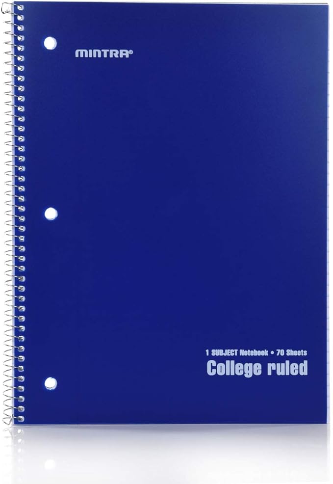 Mintra Office Spiral Notebooks - 1 Subject, Poly Cover, 70 Sheets, College Ruled, 8in x 10in, Bulk Pack, Primary Color Waterproof Covers, Set of 6 - for School, Office, Business, Professional (04659)