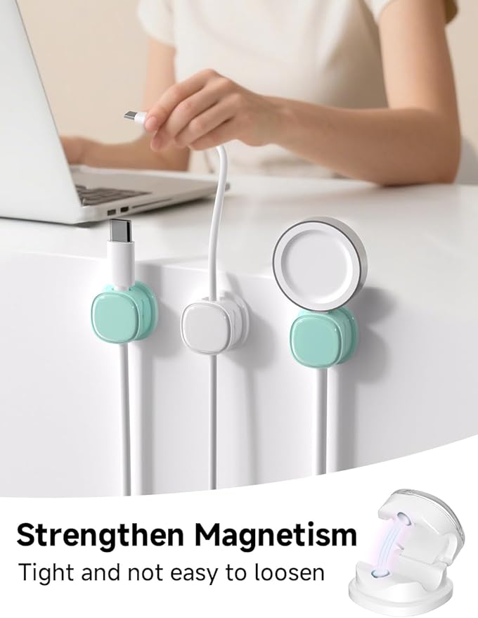 Magnetic Cable Clips, Adjustable Cord Holder Management, Adhesive Wire Keeper Organizer for Home Office Desk Phone PC Car Wall Desktop Nightstand Appliance (9-PCS White & Cyan)