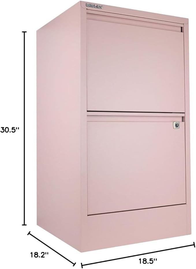 Bisley 2-Drawer Flush Front Vertical File Cabinet - Palest Pink, 2 Hanging File Drawers, Powder-Coated Steel, Locking Drawers