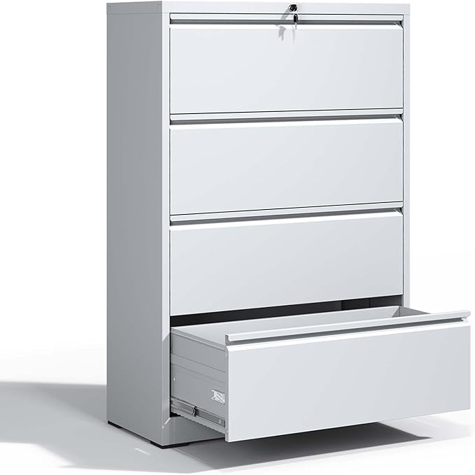Locking Filing Cabinet with 4 Drawer Heavy Duty Large Metal Cabinet Home Office White Lateral File Cabinets Wide Steel Cabinets for Legal/Letter Size File,Assembly Required