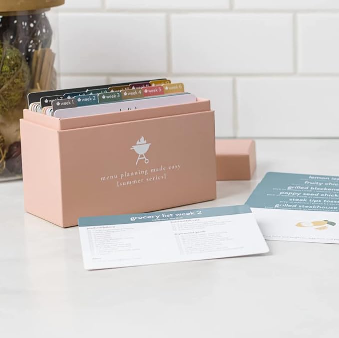 Meal Planner with 72 Recipe Cards (Summer Menu) - Weekly Menu Planner | Sturdy Recipe Box | 12 Reusable Grocery Shopping Lists | 5 Blank Recipe Cards | Recipe Card Protector | Recipe Ideas