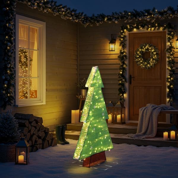 CZBZ 4FT Christmas Lighted Tree Decorations with 110 LED Warm White Lights, Pre-Lit Green Tinsel Christmas Tree for Outdoor Yard Lawn Garden Home Indoor Holiday Front Porch Décor