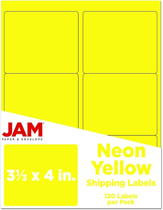 JAM PAPER Shipping Address Labels - Large - 3 1/3 x 4 - Neon Fluorescent Yellow - 120/Pack