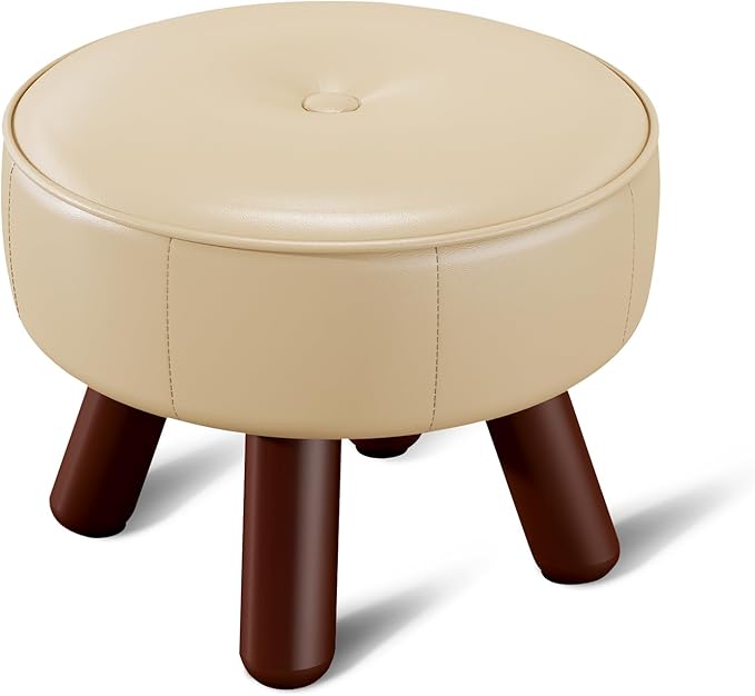 Small Foot Stool 13in, Round Faux Leaher Ottoman Foot Rest for Living Room, Under Desk Footstool Foot Rest with Non-Skid Rubber Legs for Bedroom, Entryway, 13''L x 13''W x 10.2''H, White