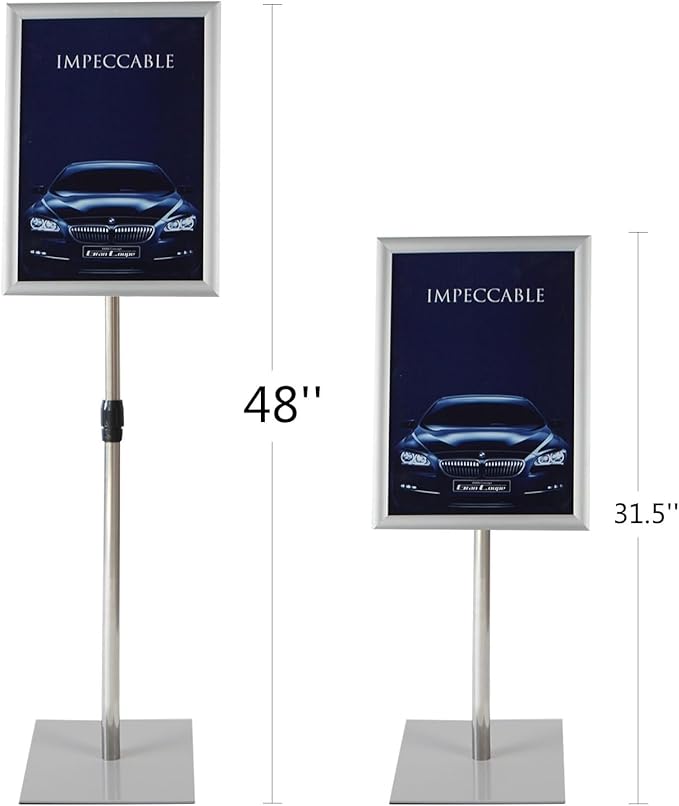 T-SIGN Adjustable Heavy Duty Pedestal Sign Holder Poster Stand - 11x17 Inch Vertical & Horizontal Sign Stand Displayed Poster Holder - Steel Square Base Sign Stands for Display (Silver)
