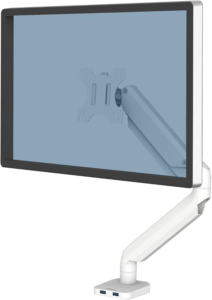 Fellowes Platinum Series Single Monitor Arm for 40-Inch Monitors, Full Motion, 360° Rotation, VESA Mount with Grommet or Clamp, USB Ports, Ergonomic, White, 8056201
