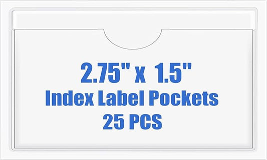 Origin-Joy 25 PCS Self-Adhesive Index Label Pockets, Clear Plastic Peel & Stick Card Holders with Top Open for Loading (2.75 x 1.5 inch)