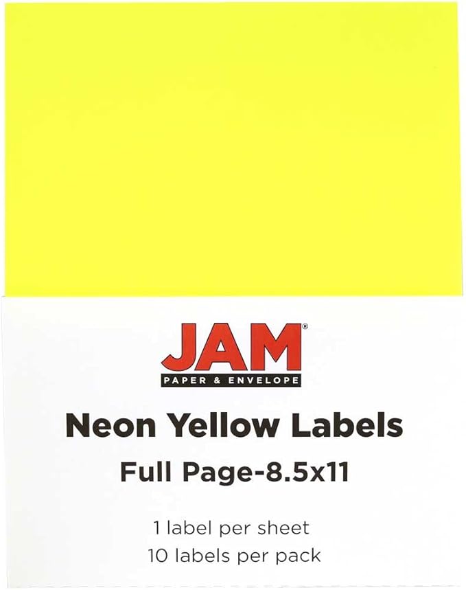 JAM PAPER Full Sheet Shipping Labels - Printable Sticker Paper - 8 1/2 x 11 - Neon Yellow - 10 Full Pages/Pack