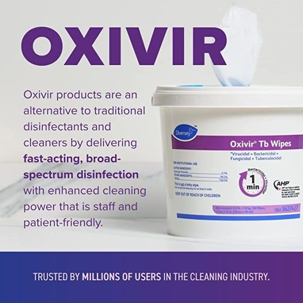 Oxivir Diversey Tb 5627427 Ready-to-Use Disinfectant Cleaning Wipes, Accelerated Hydrogen Peroxide, 11x12-Inch Extra Large Sheets, 160-Wipes, 1-Bucket (Pack of 4)