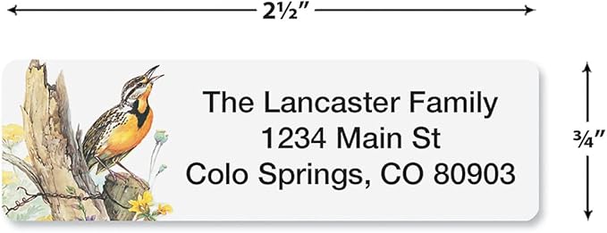 Meadow Birds Rolled Personalized Return Address Mailing Labels with Dispenser, Set of 500, 5 Designs, Small ¾ x 2½ Inch Size, Custom Self-Adhesive Sticker Roll, by Colorful Images