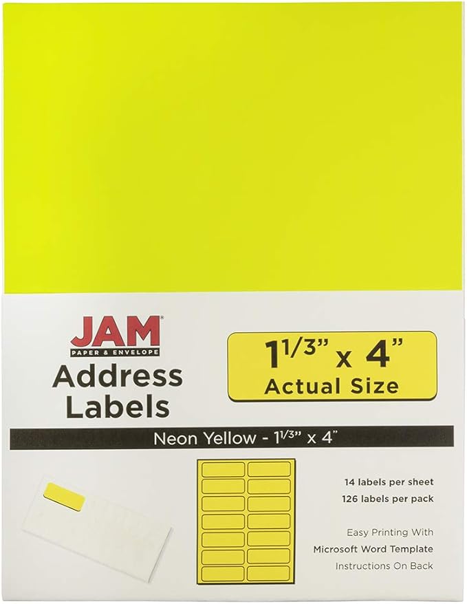 JAM PAPER Shipping Address Labels - Rectangular - 1 1/3 x 4 - Neon Yellow - 126/pack
