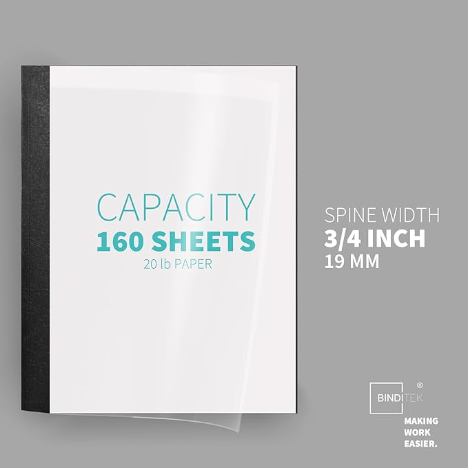 Binditek 10 Pack Thermal Binding Presentation Covers, 3/4 Inch Spine, Holds 160 Sheets, Ultra Clear Front Cover, Black Paper Back Cover, Letter Size, for Students and Coworkers