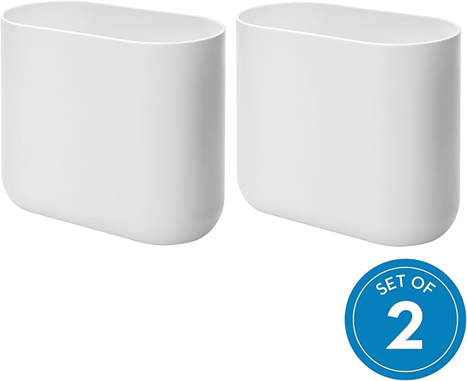 iDesign Small Oval Plastic Bathroom Trash Cans - Ideal for Bathroom, Bedroom, or Office - Set of 2 - White