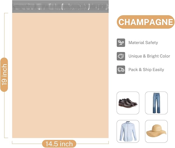 Metronic Poly Mailers 14.5x19 100 Pcs | Medium Size Shipping Bags for Clothes | Large Poly Mailer Bags, Shipping Envelopes, Mailing Bags for Small Business, Strong Adhensive Poly Bags Champagne