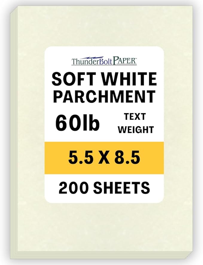 200 Soft White Parchment 60# Text (=24# Bond) Paper Sheets - 5.5 X 8.5 Inches Half Letter | Statement Size Size - 60 Pound is Not Card Weight - Vintage Colored Old Parchment Semblance