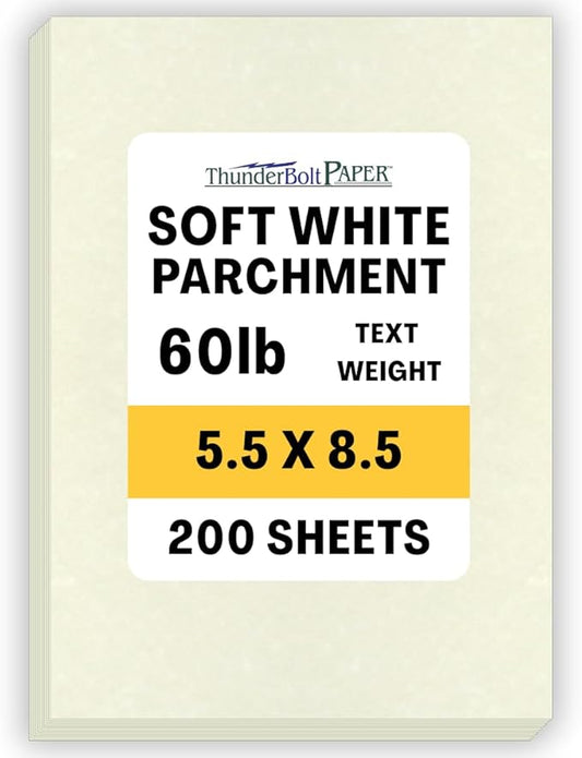 200 Soft White Parchment 60# Text (=24# Bond) Paper Sheets - 5.5 X 8.5 Inches Half Letter | Statement Size Size - 60 Pound is Not Card Weight - Vintage Colored Old Parchment Semblance