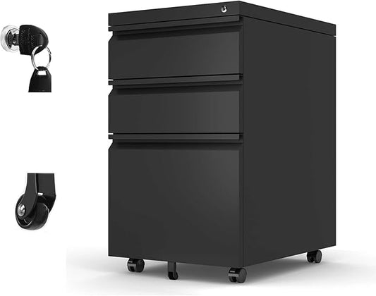 SUXXAN 3 Drawers Metal Filing Cabinet with Wheels, Steel Rolling Mobile File Cabinets Under Desk for Home Office, Wheels Need to Assemble, Black