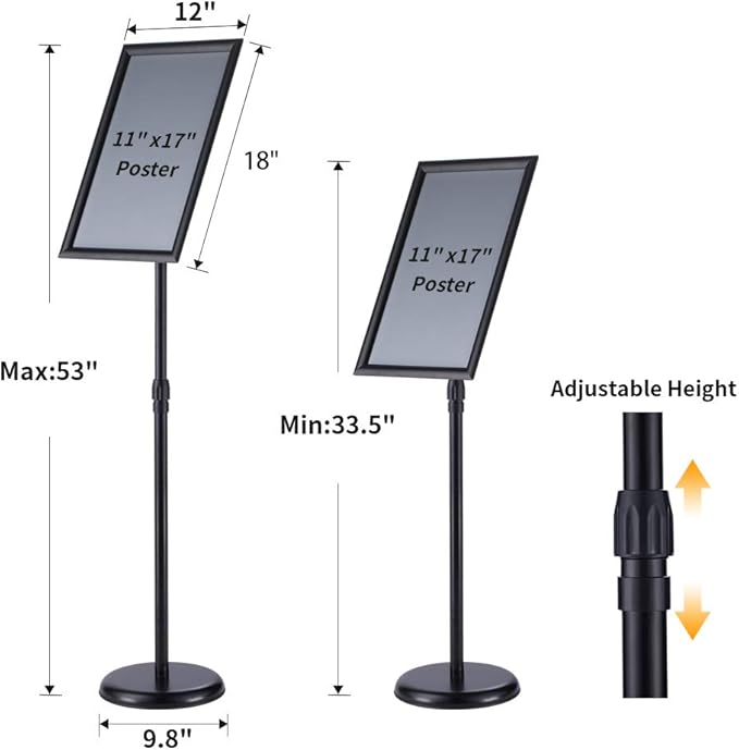 11x17 Inch Pedestal Standing Sign Holder Stand Poster Stand , Black Adjustable Floor Standing Sign Holder with Aluminum Snap Open Frame for Vertical/Horizontal Sign Display