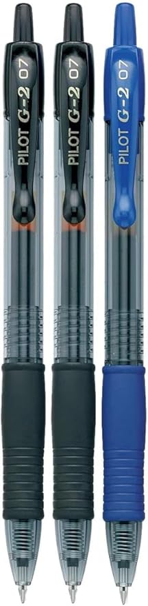 G2 Retractable Premium Gel Ink Roller Ball Pens Fine Point Fine Point (.7mm) Black/Blue Ink 3-pk; Refillable & Premium Comfort Grip Bundle with Plastic Reusable Pouch