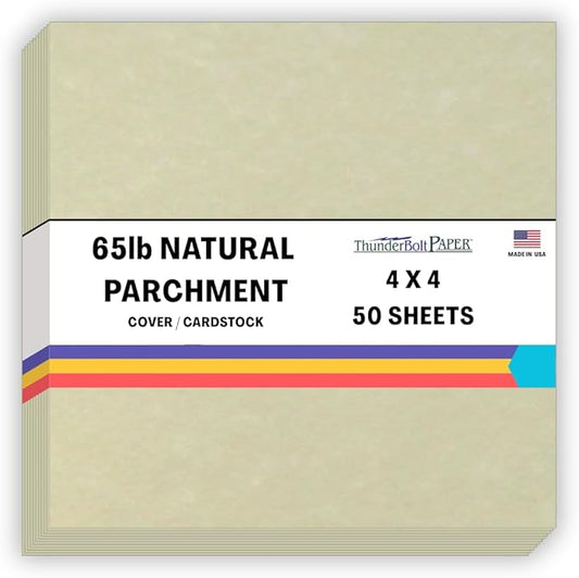 50 Natural Parchment 65lb Cover Paper Sheets 4 X 4 Inches Cardstock Weight Colored Sheets 4" X 4" (4X4 Inches) Small Square Card Size - Printable Old Parchment Semblance