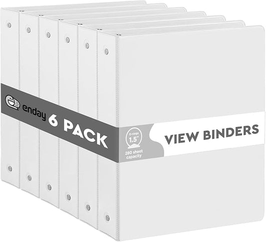 3 Ring Binder 1.5 Inch White, 1 ½ inch Binder Clear View Cover with 2 Inside Pockets, Colored School Supplies Office and Home, 6 Pack – by Enday