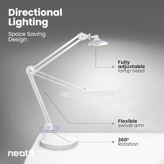 Neatfi XL 2,200 Lumens LED Task Lamp, 24W, 117 Pcs SMD LED, 4 Level Brightness, Dimmable, Desk Light for Home, Office, Workbench (Non-CCT with Base, White)