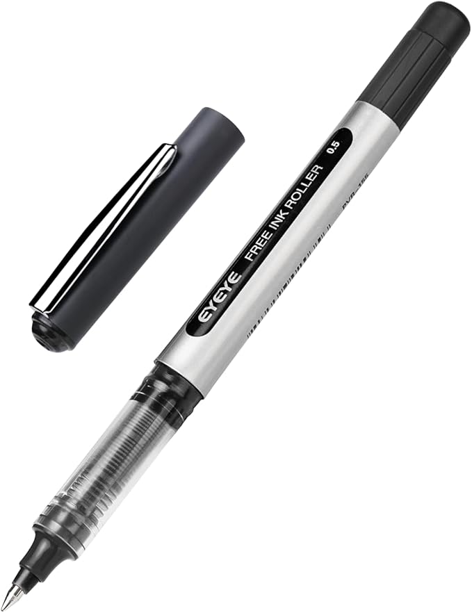EYEYE 0.5mm Black Pens 12 Pack, Extra Fine Point Rollerball Pen Quick Dry, Liquid Ink Pens Fine Point Smooth Writing Pen for Journaling, Note Taking, Office, School Supplies