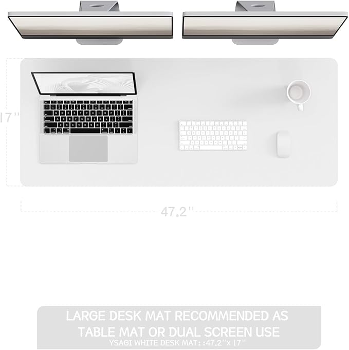YSAGi Non-Slip Leather Desk Pad Long Size, Waterproof Laptop Computer Desk Keyboard Mat, Table Protector Blotter Mat, Large Mouse Pad for Office/Work/Home/Decor(White, 47" x 17")