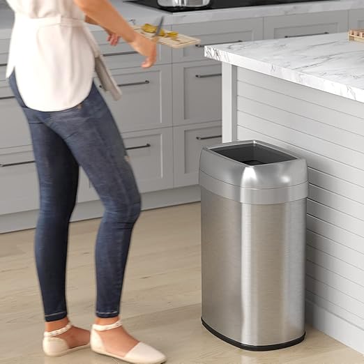 iTouchless 13 Gallon Open Top Kitchen Trash Can Recycling Bin with Double Odor Filters, Oval Commercial Grade Stainless Steel Trashcan for Home Office Work Bedroom Living Room Garage