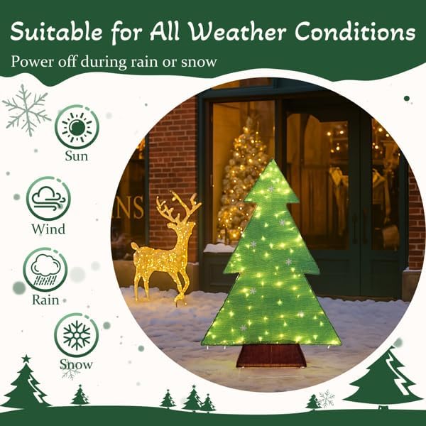 CZBZ 4FT Christmas Lighted Tree Decorations with 110 LED Warm White Lights, Pre-Lit Green Tinsel Christmas Tree for Outdoor Yard Lawn Garden Home Indoor Holiday Front Porch Décor