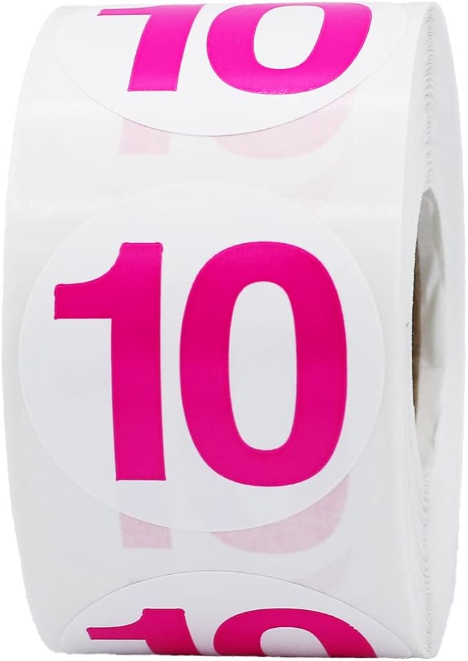 Hot Pink Number 10 Circle Stickers, 1.5 Inches Round, 500 Labels on a Roll for Inventory, Organization, Storage Bins, Classrooms, and Retail Use, Made in The USA