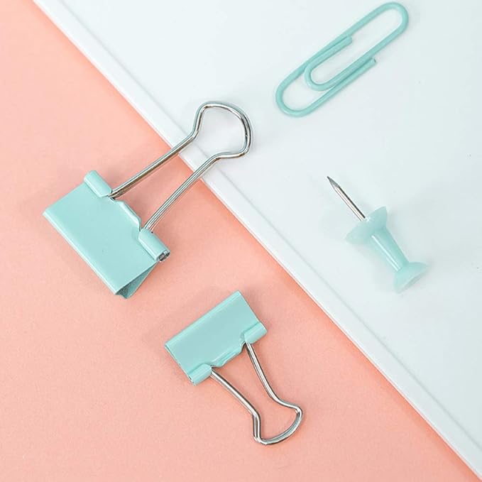 Paper Clips and Binder Clips Set, Metal Assorted Sized Binders with Push Pins, Cute Office Supplies for Desk, Desk Accessories (Green)