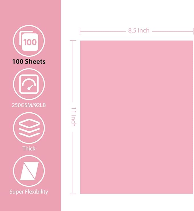 OcePor 100 Sheets Pinks Valentine's Day Cardstock Paper, Colored Printer Paper 8.5 x 11, Card Stock Thick Construction for Craft,Scrapbook，Office Printing, Invitations, Certificates，92 lb/250gsm