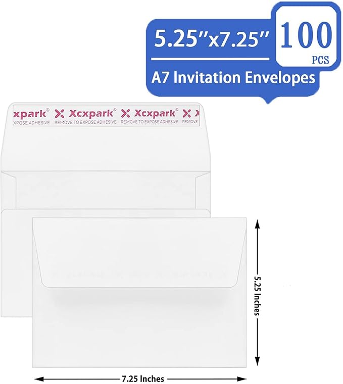 100 Qty Printable A7 Invitation Envelopes 5.25X7.25 inches Cards, Self Seal 120GSM white Paper Envelopes for Invitations, Papers, Photos, Documents, Wedding, Baby Shower, Easy to Seal Peel