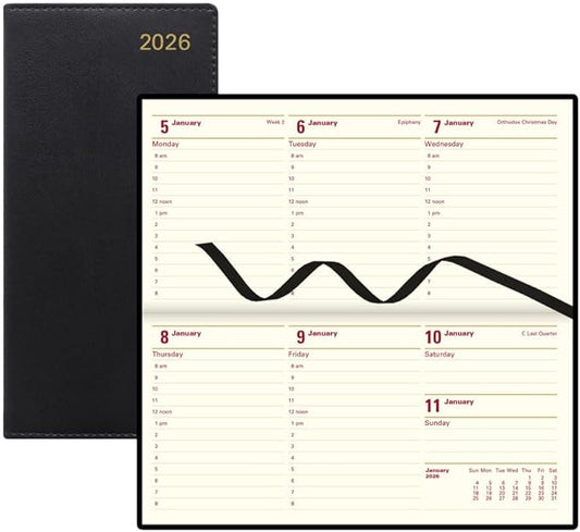 Letts of London® 2026 Belgravia Weekly/Monthly Appointment Book and Planner, 12 Months, January to December, Italian Leather, Horizontal, Slim Size, 6.625" x 3.25", English, Black (C33SBK-26)
