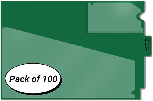 Doctor Stuff - Center Tab Vinyl Out Guides, Diagonal Cut Front Pocket, Top Charge Out Slip Pocket, Plastic File Folder, Letter Size 9" x 13-1/4", Green, 100/Box
