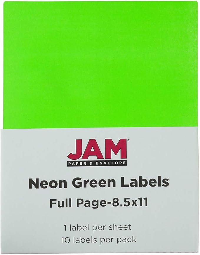 JAM PAPER Full Sheet Shipping Labels - Printable Sticker Paper - 8 1/2 x 11 - Neon Green - 10 Full Pages/Pack