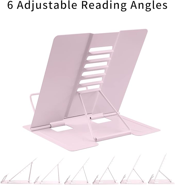MSDADA Book Stand Metal Reading Rest Book Holder Adjustable Cookbook Documents Holder Portable Bookstands for Recipes Textbooks with Page Clips Birthday Gifts for Girls Mom Students(Macaron Pink)