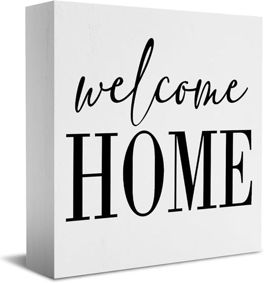 HTBIG Welcome Home Sign Home Decor Desk Decor Wooden Box Sign Rustic Black Wood White Plaque Box Sign for Women Family Friends Farmhouse Living Room Kitchen Bedroom Shelf Table Decoration