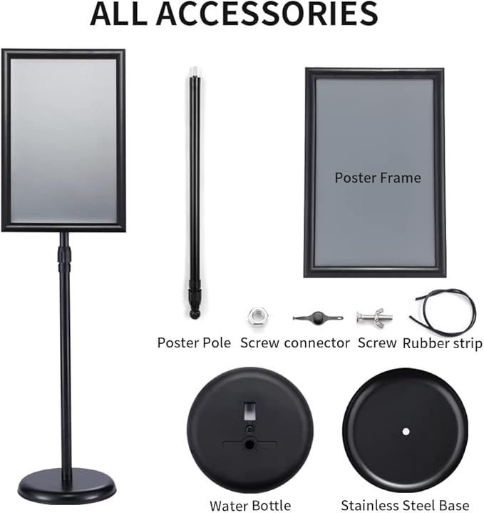 Heavy Duty Adjustable Pedestal Poster Sign Stand, 11x17 Aluminum Open Floor Standing Sign Holder for Vertical and Horizontal View Display. (2 Pack, Black)