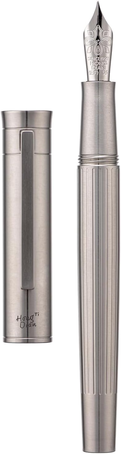 Hongdian T1 Titanium Fountain Pen, Iridium Fine Soft Nib Chinese Knot Carving with Converter and Metal Case Set