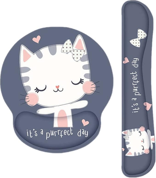 RICHEN Keyboard Wrist Rest and Mouse Pad with Wrist Support, Memory Foam Set for Computer/Laptop/Mac,Gaming and Office, Sturdy & Comfortable & Lightweight for Easy Typing & Pain Relief (Cute Cat)
