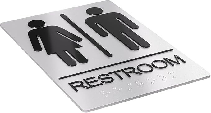 Unisex Bathroom Signs, Restroom Sign For Business - For Men and Women - 2 Pack - 9" by 6" - ADA Compliant with Braille - Strong Double-Sided Adhesives Included - Apply to Office, Home, Public Door/Wall