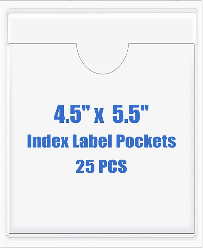 Origin-Joy 25 PCS Self-Adhesive Index Label Pockets, Clear Plastic Peel & Stick Card Holders with Top Open for Loading (4.5 x 5.5 inch)